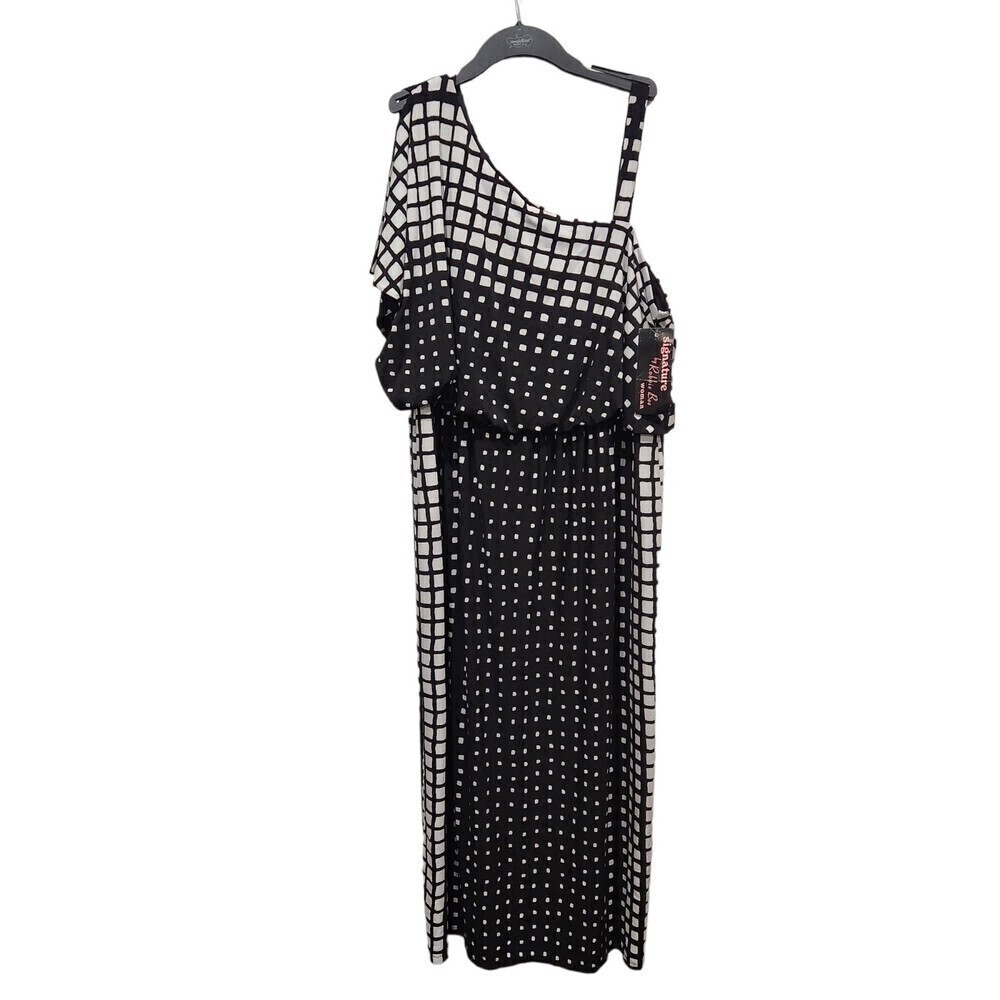 Nwt Signature by Robbie Bee Black & White Abstract Check One Shoulder Maxi Dress